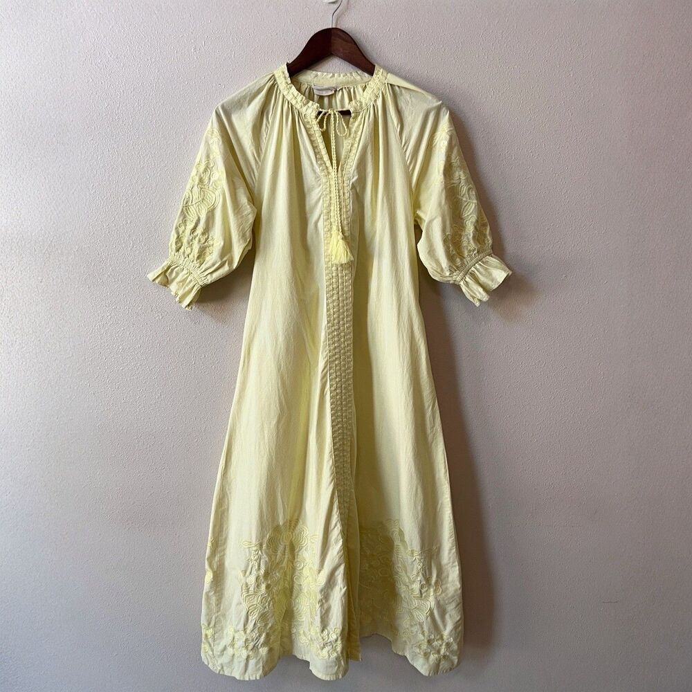 Julia Amory Yellow Dress XS Floral Embroidered Cotton Midi Puff Sleeves Tassels